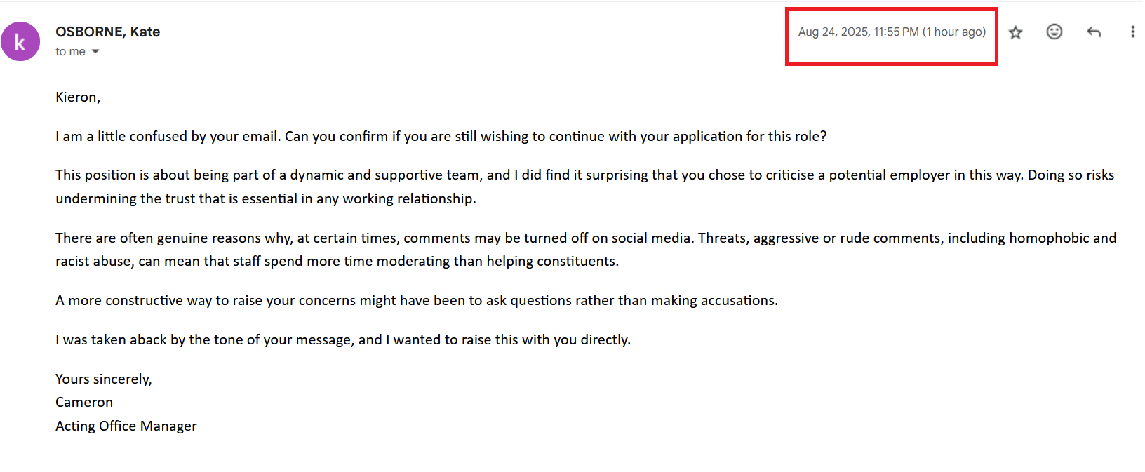 Screenshot of late night email from Kate Osborne MP's office, sent 11:55 pm Sunday, responding to my note about disabled Facebook comments