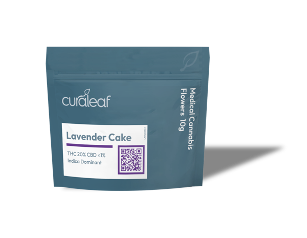 Curaleaf Lavender Cake T20 medical cannabis flower pouch used for UK prescription packaging