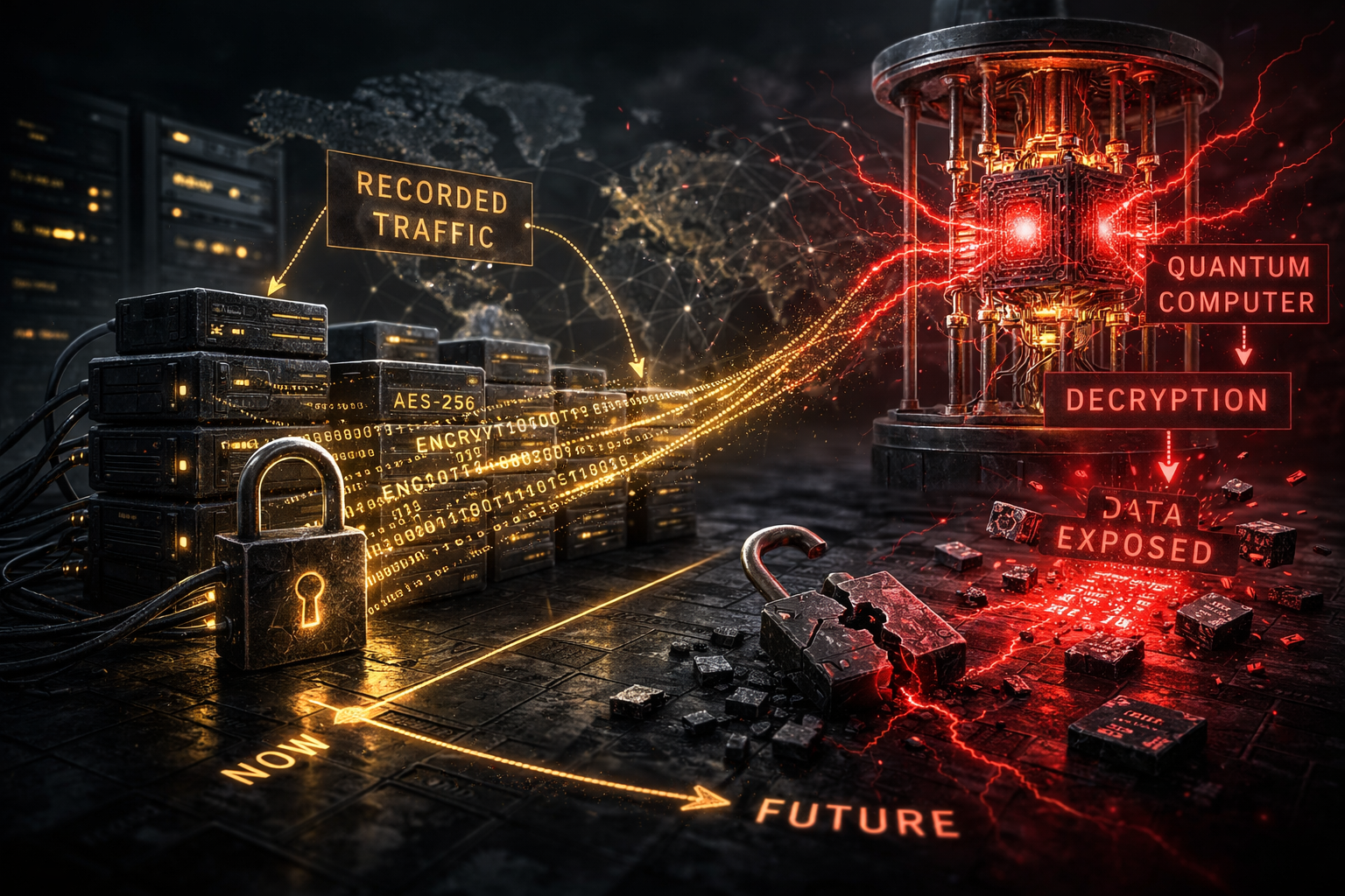 Encrypted data blocks in the foreground with a quantum processor in the background illustrating harvest now decrypt later risk