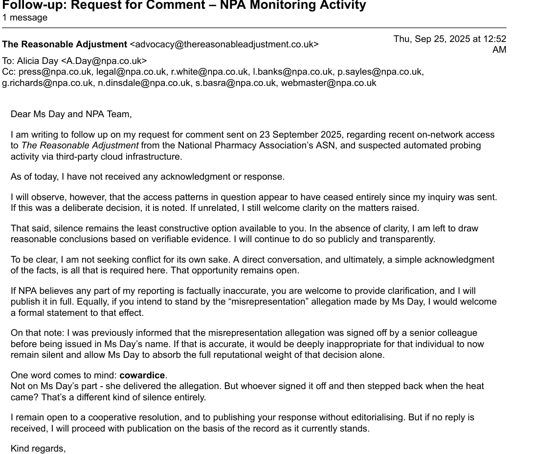 Follow up email to NPA requesting comment and clarity