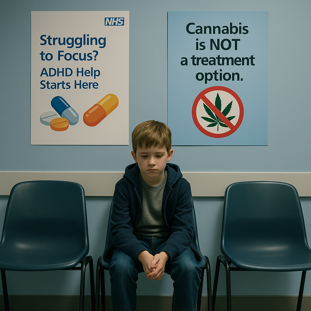 An anxious young boy sits alone in a CAMHS waiting room with two posters behind him. One promotes ADHD medication, the other opposes cannabis treatment.