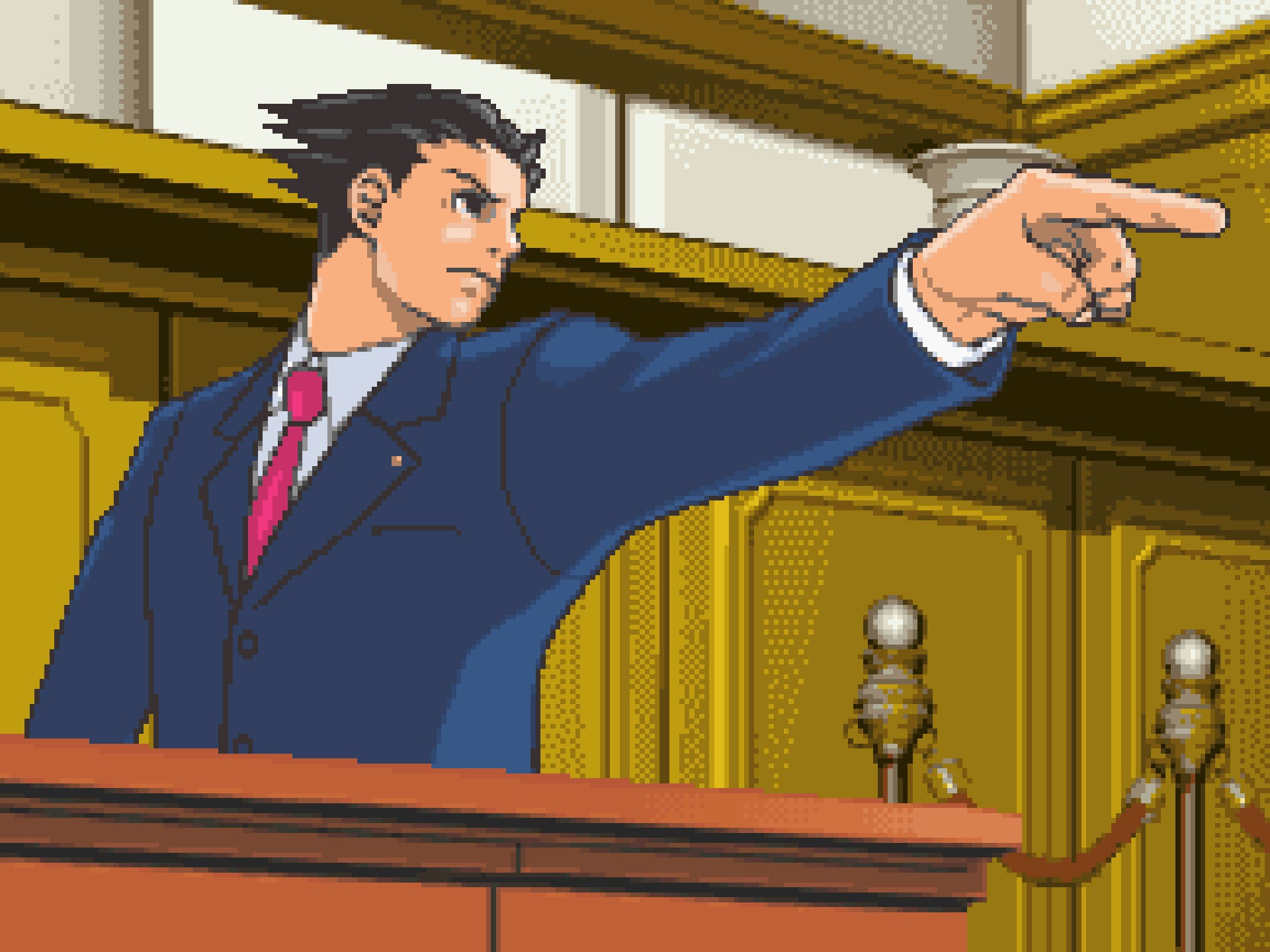 Phoenix Wright pointing and shouting "Objection!" in a courtroom scene from Ace Attorney