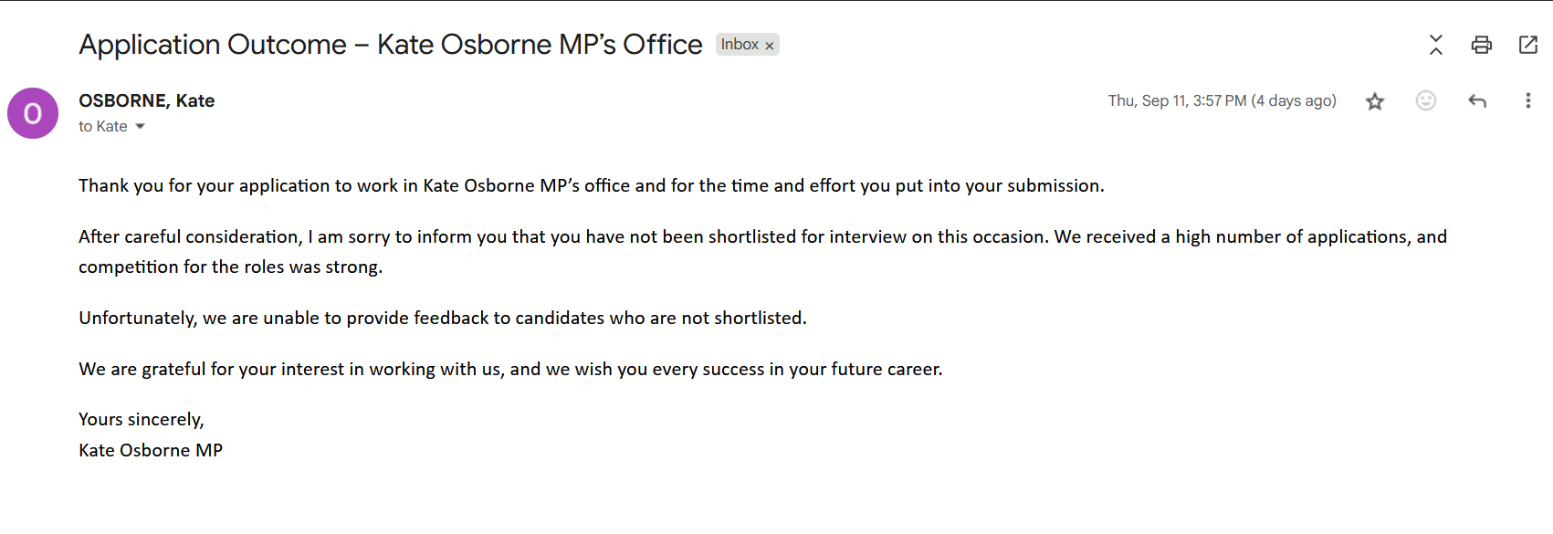 Screenshot showing job application rejection from Kate Osborne MP’s office at 3:57 pm