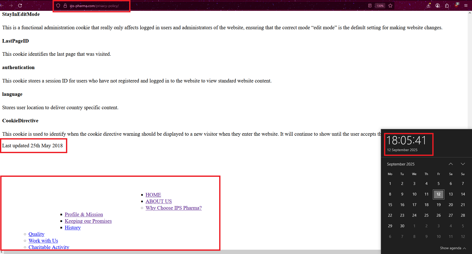 Screenshot of the IPS Pharma privacy policy page showing outdated styling and a last updated date of 25 May 2018.