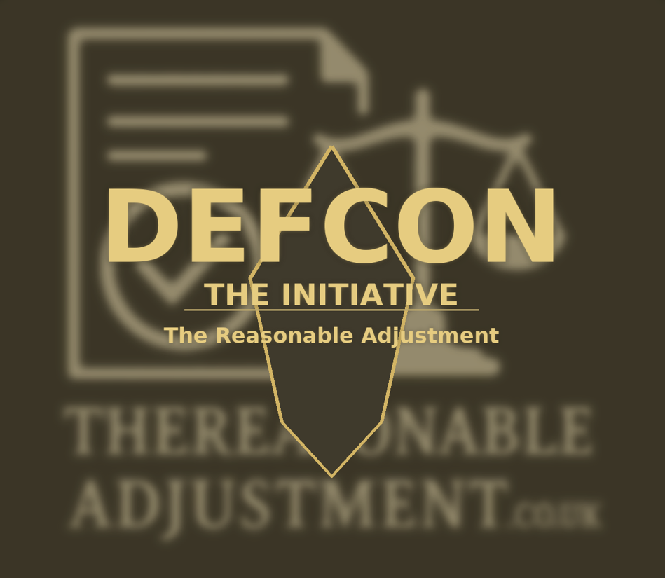 DEFCON – The Initiative by The Reasonable Adjustment. Watchdog graphic with gold shield and scales of justice.