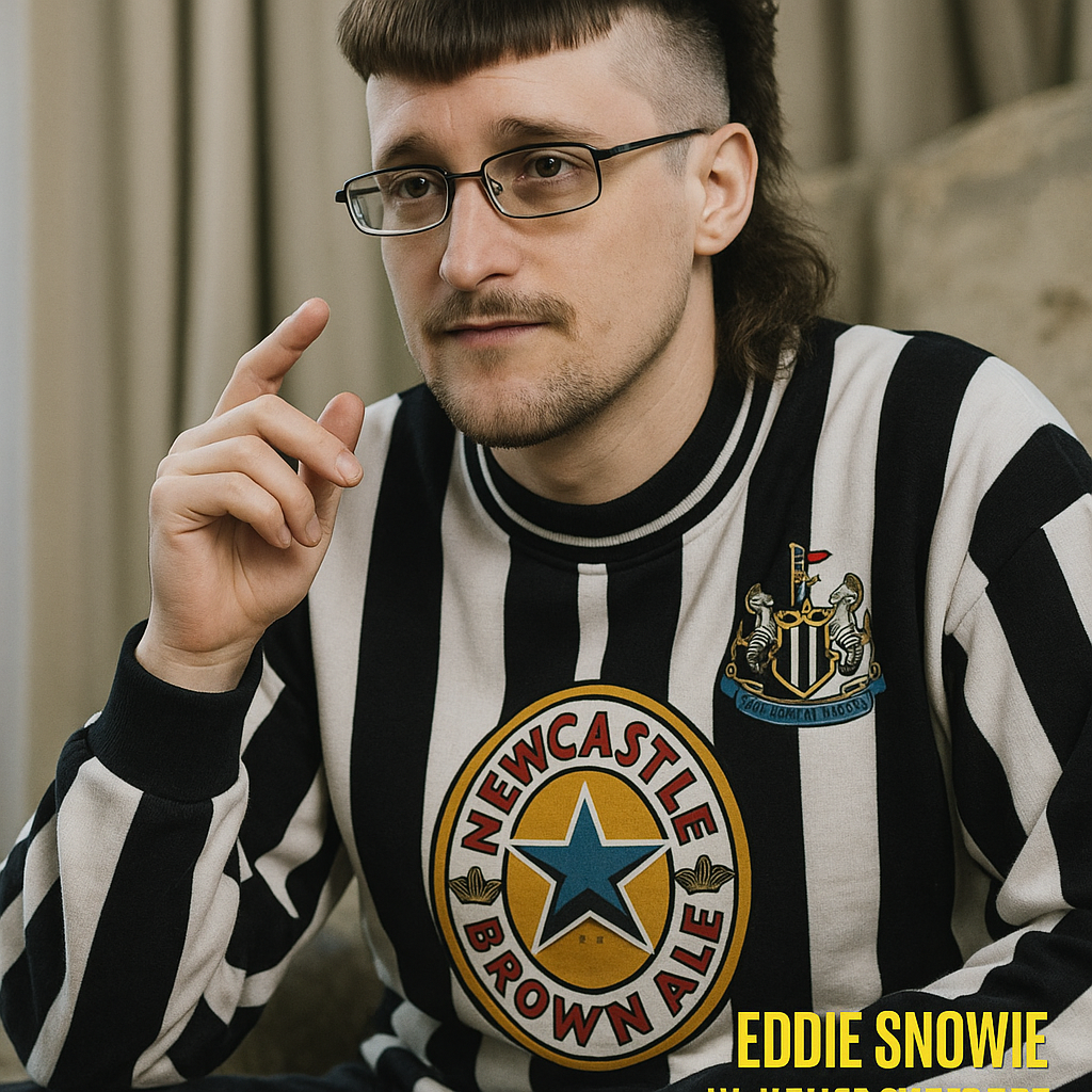 A man resembling Edward Snowden in a vintage Newcastle United shirt with a mullet and glasses, labelled as Eddie Snowie, cyber security expert.