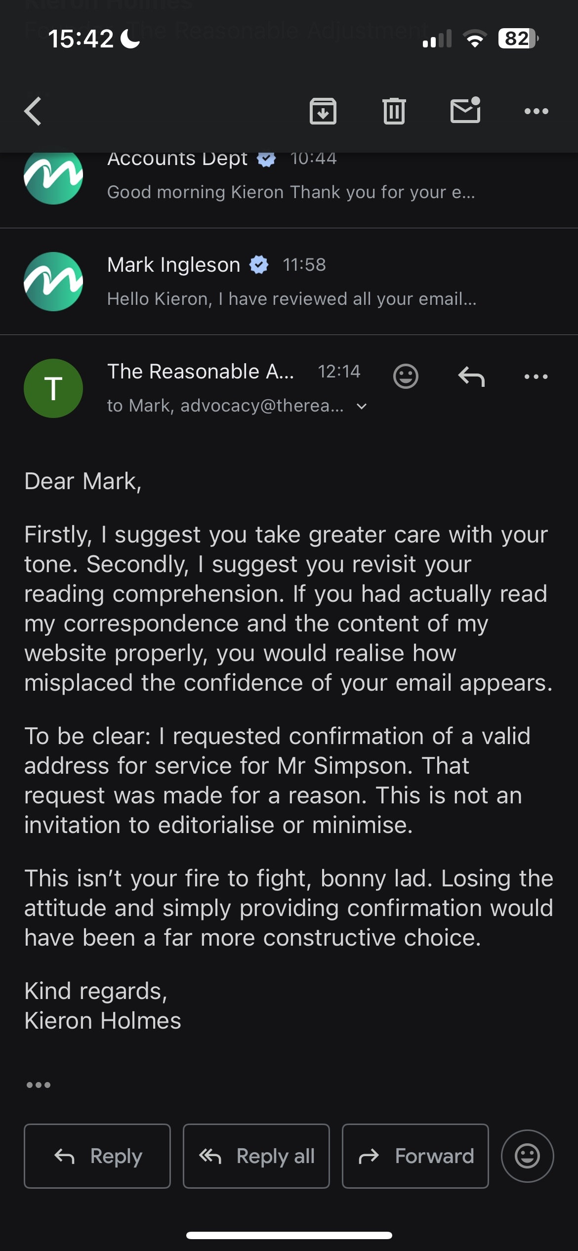 Screenshot of email exchange between Kieron Holmes and Nigel Wright Group showing a request for a service address, a minimising reply from Mark Ingleson, and Kieron’s response correcting tone and scope.