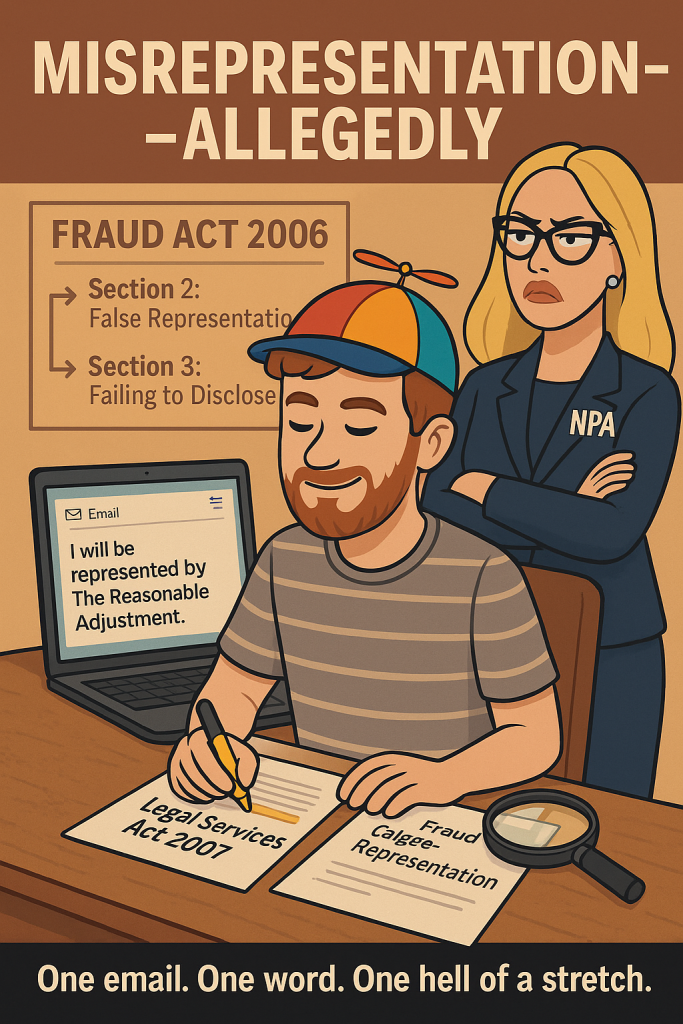 Cartoon image of a man in a rainbow propeller hat at a desk highlighting legal documents, while an angry woman labelled NPA stands behind him. A laptop displays the email line “I will be represented by The Reasonable Adjustment.”