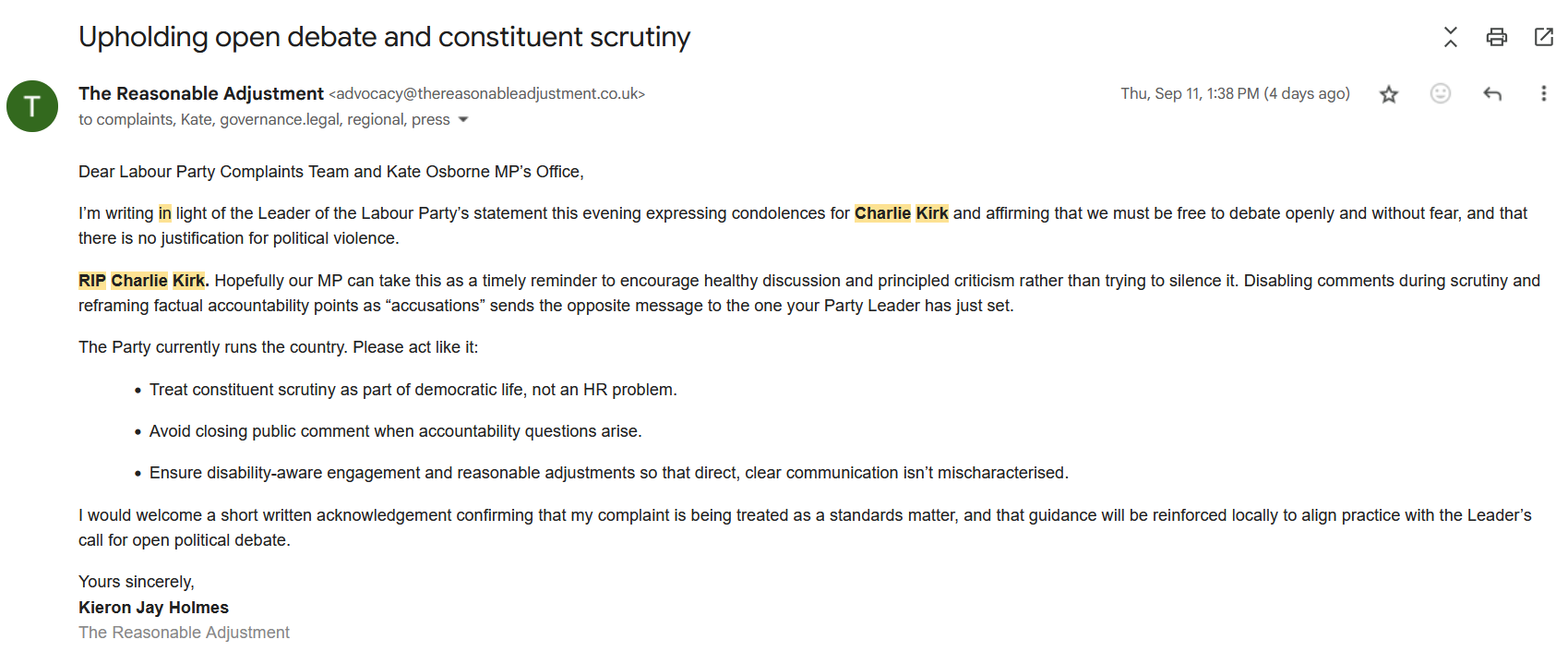 Screenshot of my email referencing RIP Charlie Kirk and the call for free debate