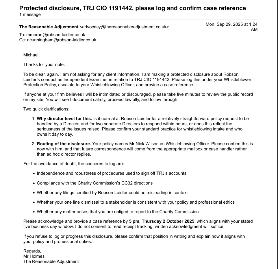 Our 29 September protected disclosure follow up requesting case logging, records hold, and governance route