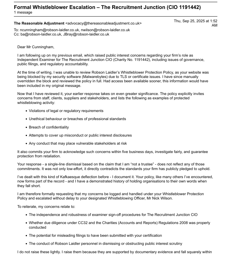 Page 1 of our 25 September whistleblowing escalation to Robson Laidler setting out policy protections and concerns