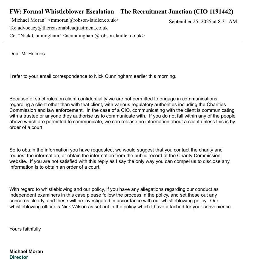 Email from Director Michael Moran citing client confidentiality and naming Nick Wilson as Whistleblowing Officer in response to our 25 September escalation