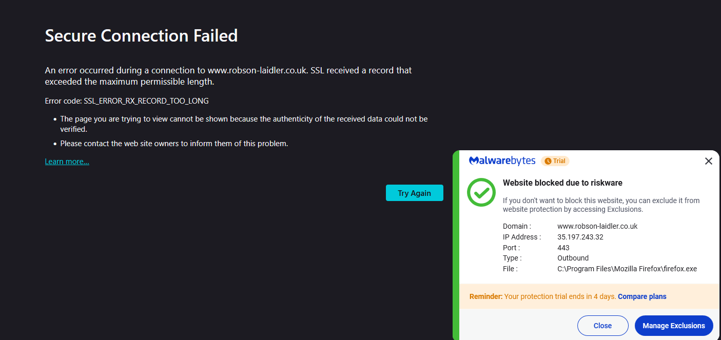 Malwarebytes security warning blocking Robson Laidler site