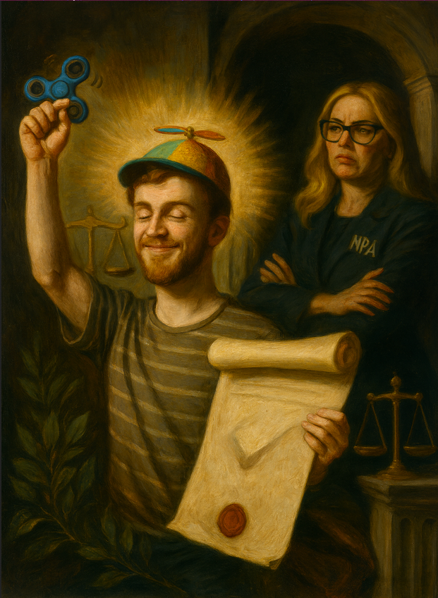 Baroque-style painting of a triumphant man with a fidget spinner and propeller hat, holding a sealed scroll, while a grumpy lawyer in NPA uniform looks on in defeat.