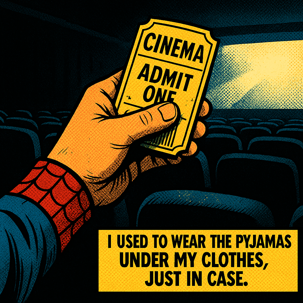 Comic-book style illustration of a hand holding a cinema ticket, with Spider-Man-inspired pyjama cuffs visible, inside a dark cinema. Caption reads “I used to wear the pyjamas under my clothes, just in case.”