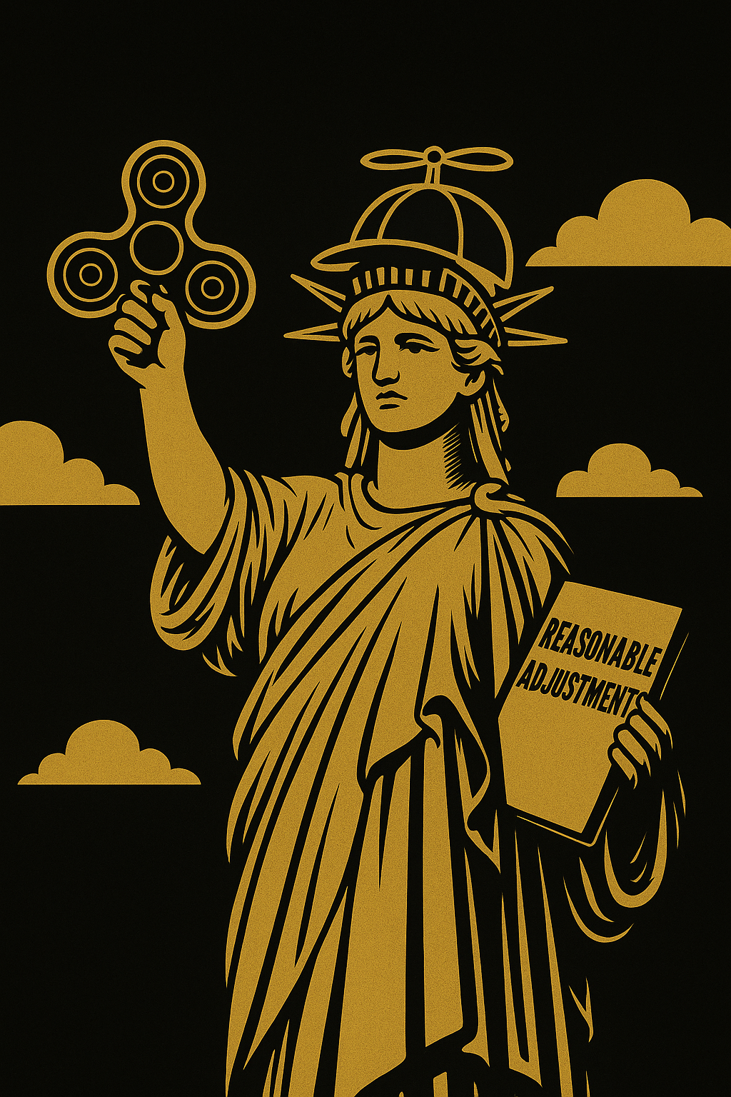 Parody illustration of the Statue of Liberty wearing a propeller hat and holding a fidget spinner, with the words “Reasonable Adjustments” on a tablet.