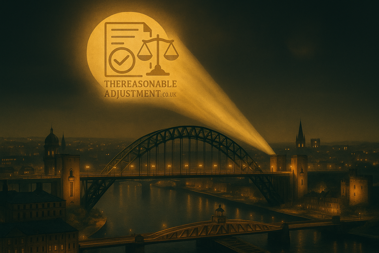 Skysignal projecting The Reasonable Adjustment logo over Newcastle’s Tyne Bridge at night, symbolising advocacy and visibility.
