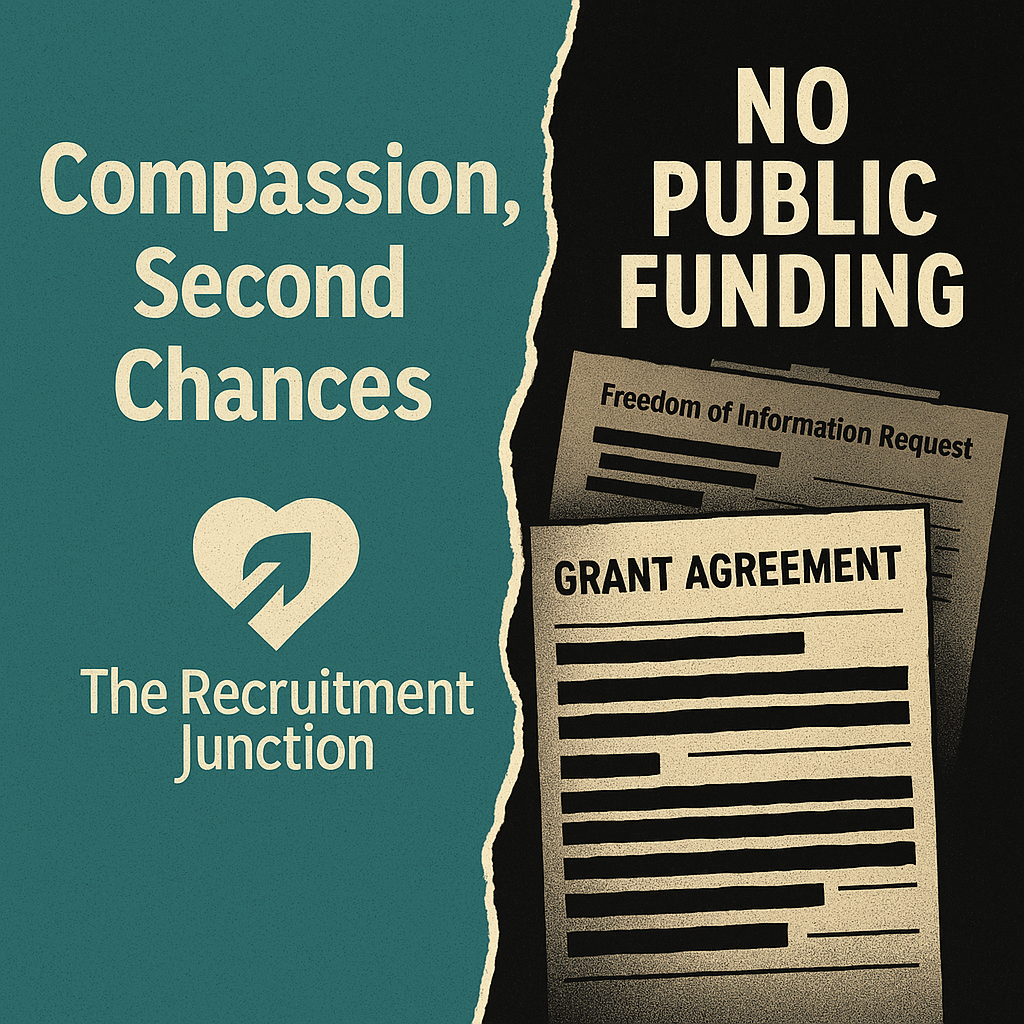 Split image showing charity branding with “Compassion, Second Chances” on the left, and redacted documents with “No Public Funding” on the right.
