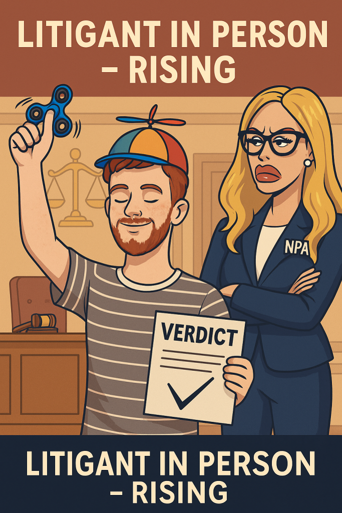 Cartoon of Kieron JH in court with fidget spinner and verdict sign, standing confidently next to a frowning NPA lawyer. Symbolic of ongoing legal dispute.