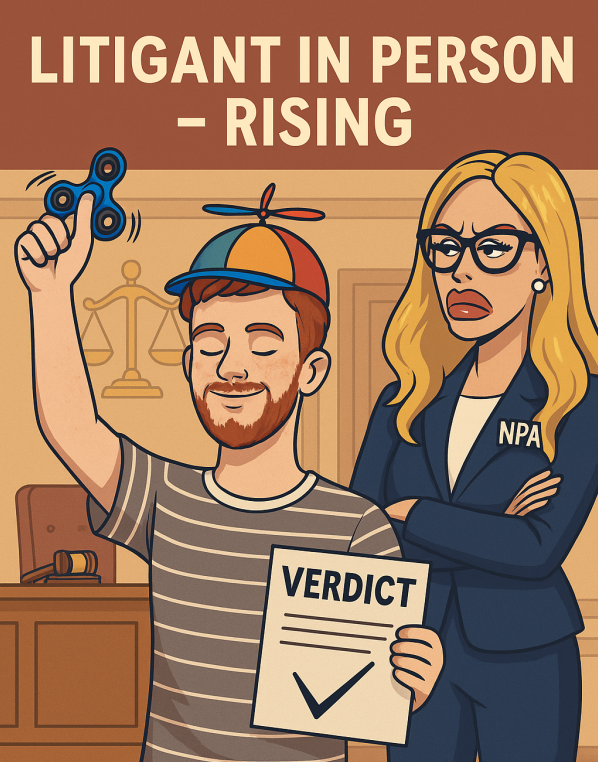 Cartoon of Kieron JH in court with fidget spinner and verdict sign, standing confidently next to a frowning NPA lawyer. Symbolic of ongoing legal dispute.