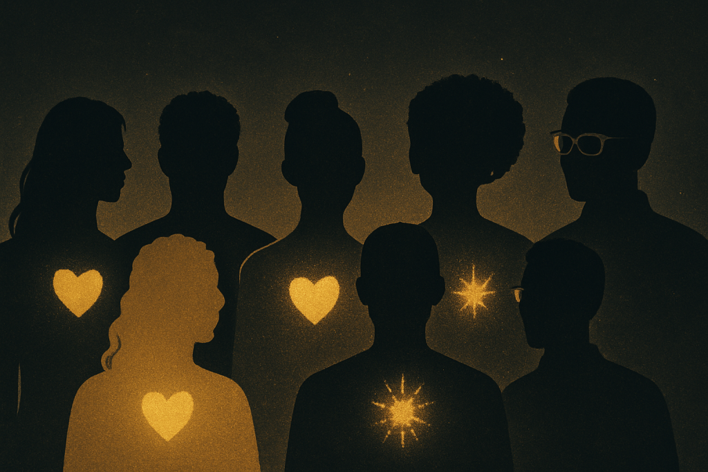 Silhouettes of diverse individuals with glowing hearts, symbolising public support and solidarity.