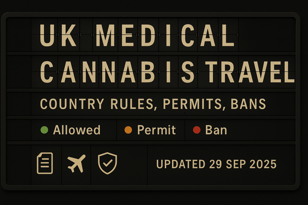 Airport split-flap board showing “UK Medical Cannabis Travel, Country rules, permits, bans,” with green Allowed, amber Permit, red Ban icons. Updated 29 Sep 2025.