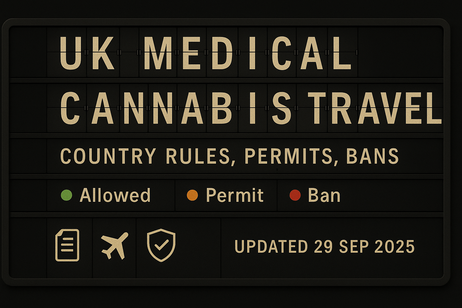 Airport split-flap board showing “UK Medical Cannabis Travel, Country rules, permits, bans,” with green Allowed, amber Permit, red Ban icons. Updated 29 Sep 2025.