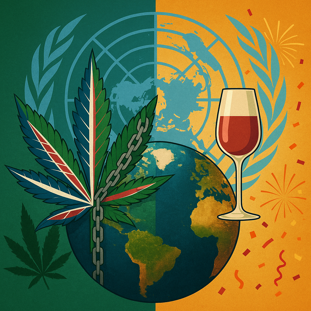 Illustration of a split globe with UN symbol, showing a chained British cannabis leaf on one side and a wine glass with confetti on the other.