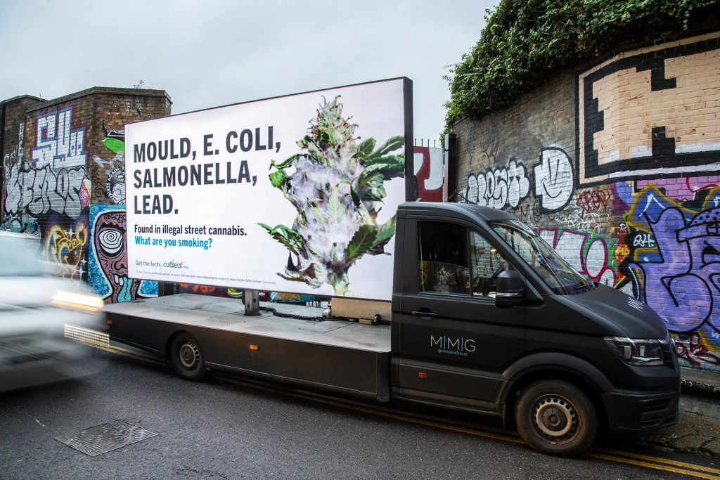Curaleaf Clinic mobile billboard reading “Mould, E. coli, Salmonella, Lead” parked on a graffiti-lined street.