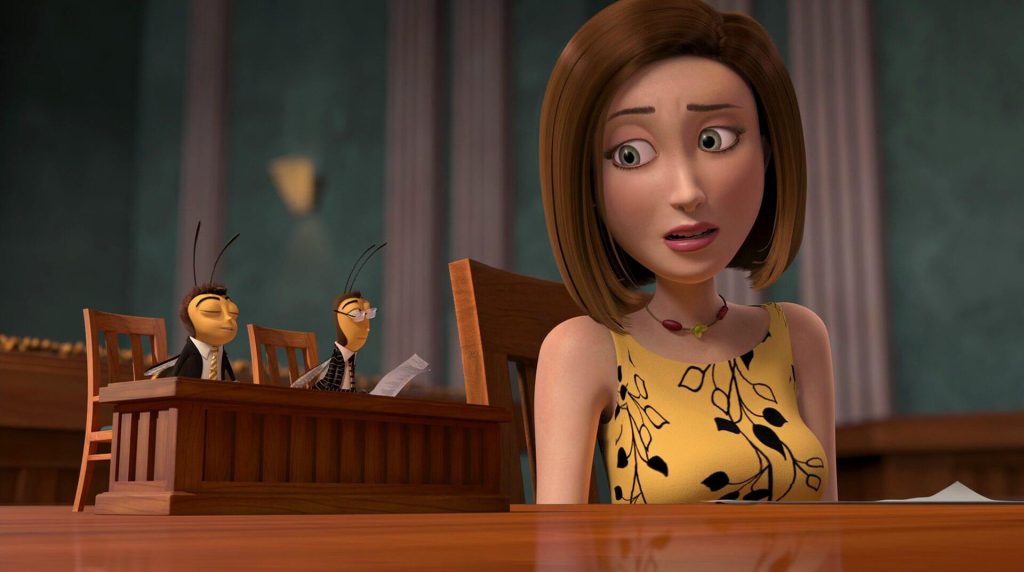 Animated courtroom scene with a concerned woman at the witness stand and a small anthropomorphic bee character reading from papers.