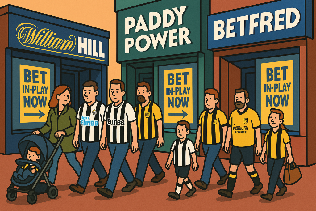 Cartoon illustration of Newcastle United and Hebburn Town fans walking past oversized betting shops on a UK high street, showing the dominance of gambling sponsorship.