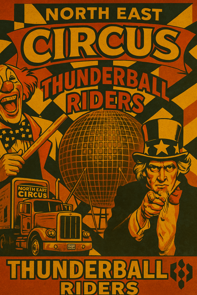 Stylised circus poster reading “North East Circus” with Uncle Sam, clown, truck, and “Thunderball Riders” globe