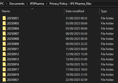 Screenshot of IPS Pharma privacy policy log folders showing daily captures from 31 August to 21 September 2025