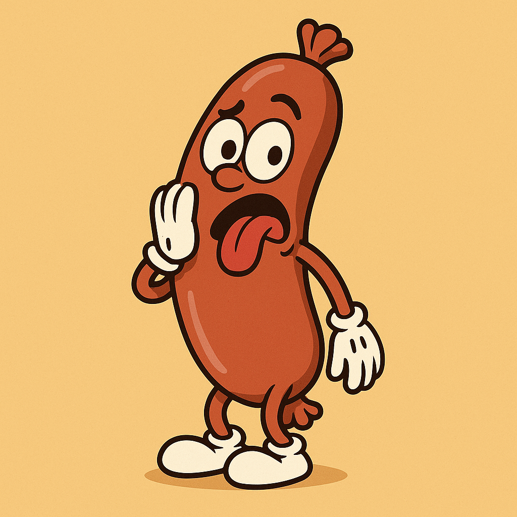Cartoon sausage looking shocked and panicked, symbolising corporate GDPR failure