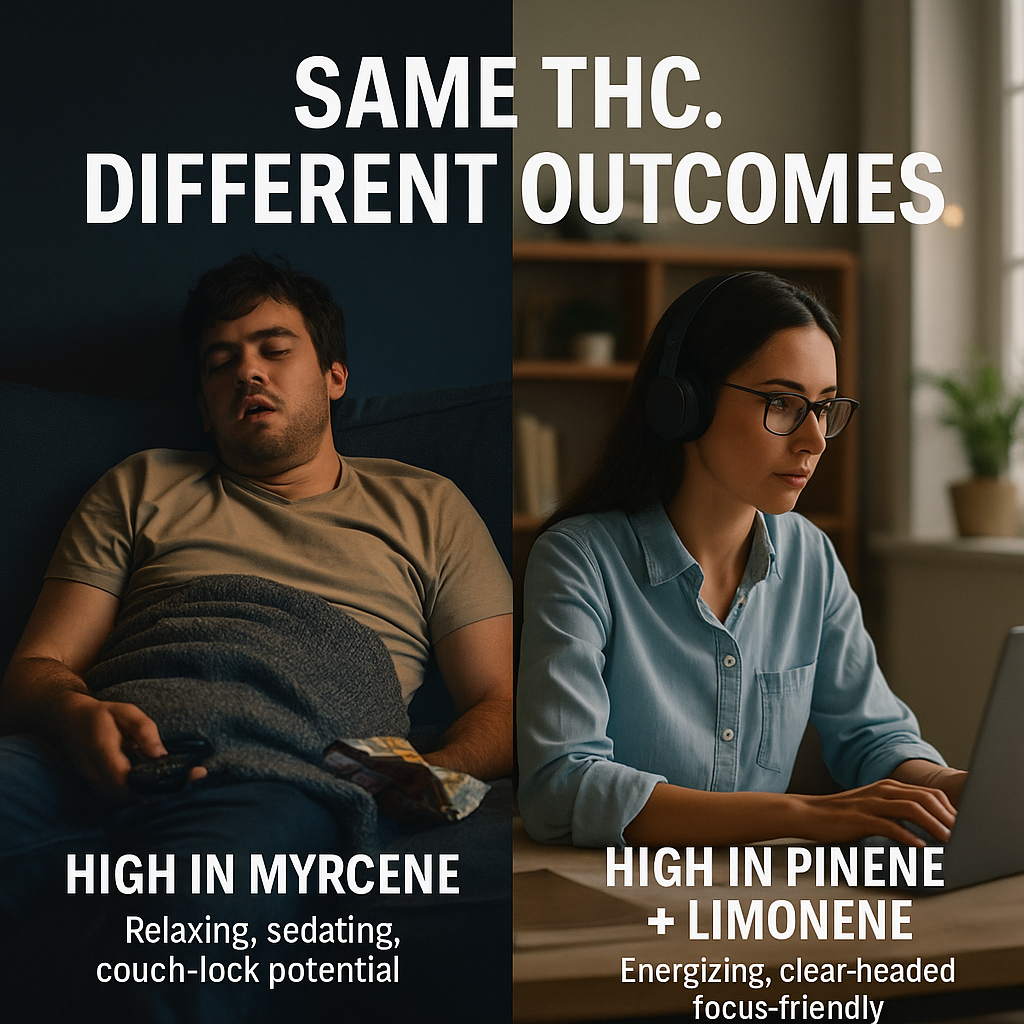 Side-by-side image showing the effects of different terpene profiles in cannabis: one person sedated on a couch, the other focused and working, both with the same THC percentage.