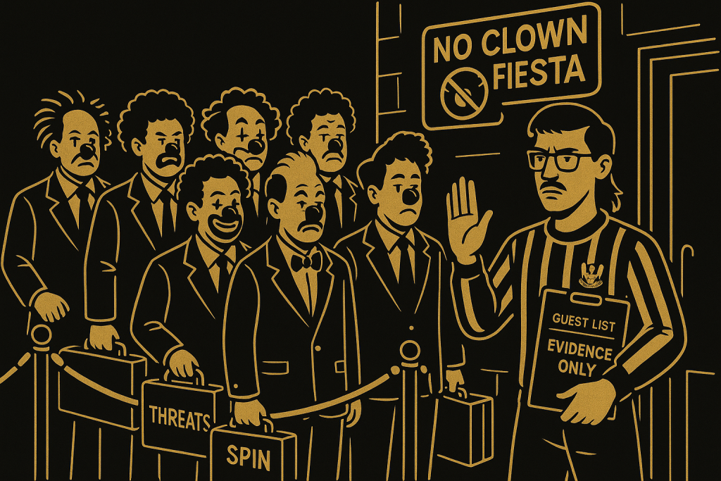 Eddie Snowie at the door holding a clipboard that reads “Guest List, Evidence Only,” under a “No Clown Fiesta” sign, turning away a queue of clown-nosed lawyers in suits with briefcases labeled Threats and Spin.