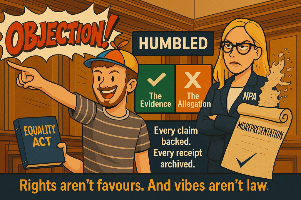 Comic-style illustration showing a confident tribunal litigant in a propeller hat shouting "Objection!" at a stern NPA representative, while holding access logs marked "Exhibit A". A hand behind him symbolises unseen public support.