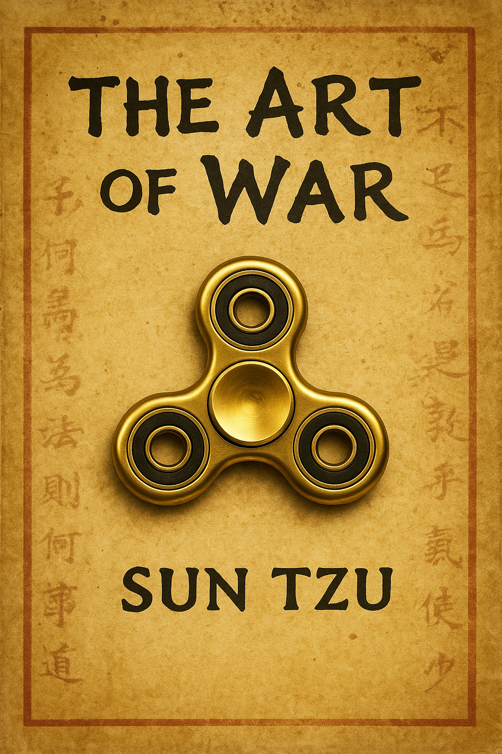 Book cover for The Art of War by Sun Tzu, designed as an ancient parchment with a metallic gold fidget spinner in place of the traditional dragon motif.