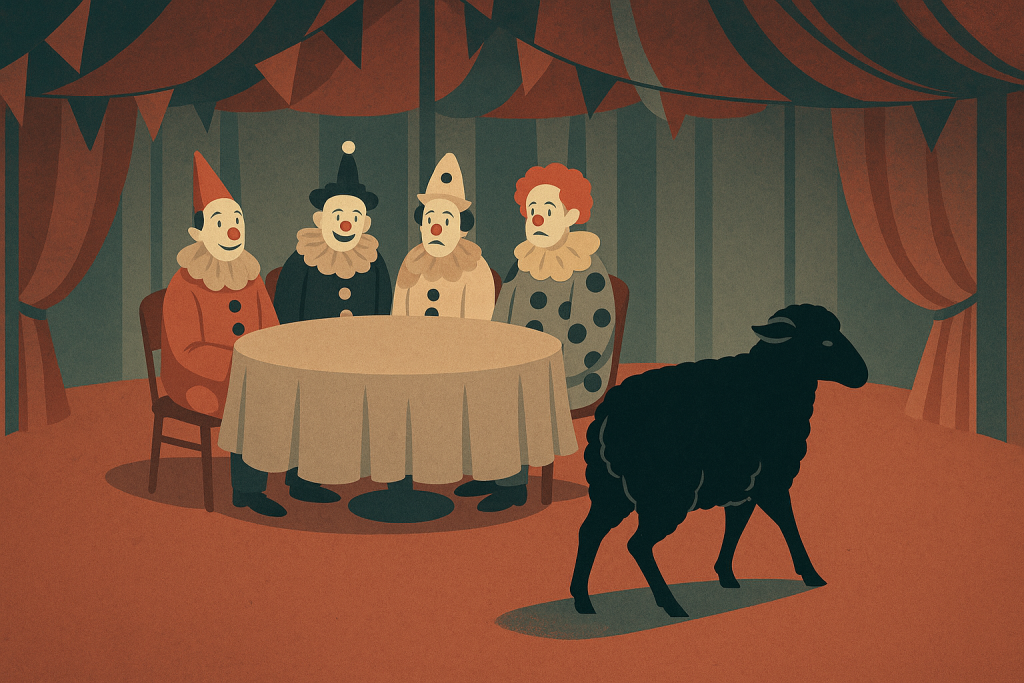 A black sheep walks away from a circus table filled with clowns, symbolising rejection of fake support and performative relationships