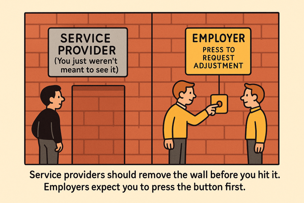 Split cartoon showing a confused man in front of a hidden service provider door and another man pressing a button labeled employer request adjustment.