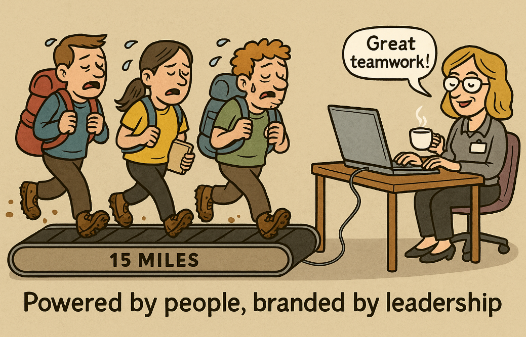 Cartoon illustration of charity workers walking on a “15 miles” treadmill powering a founder at her desk with a mug, captioned “Powered by people, branded by leadership.”