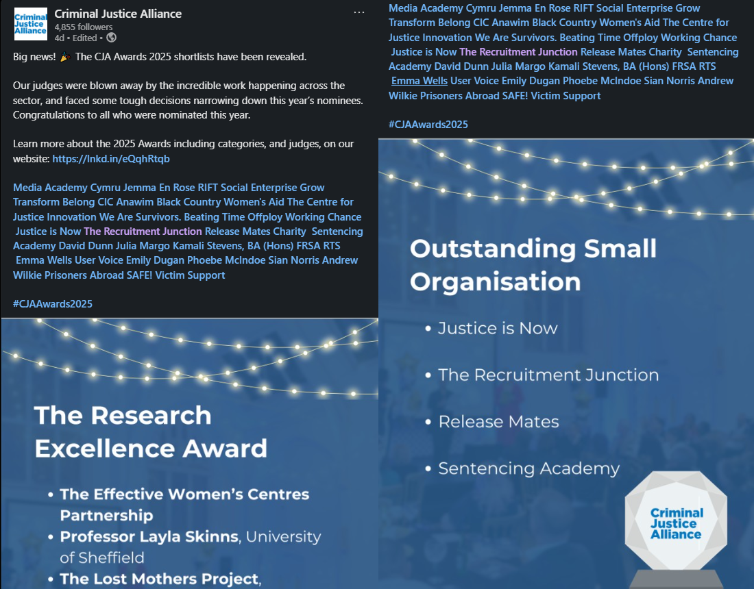 CJA Awards 2025 shortlist graphic showing category cards with The Recruitment Junction listed in Outstanding Small Organisation.
