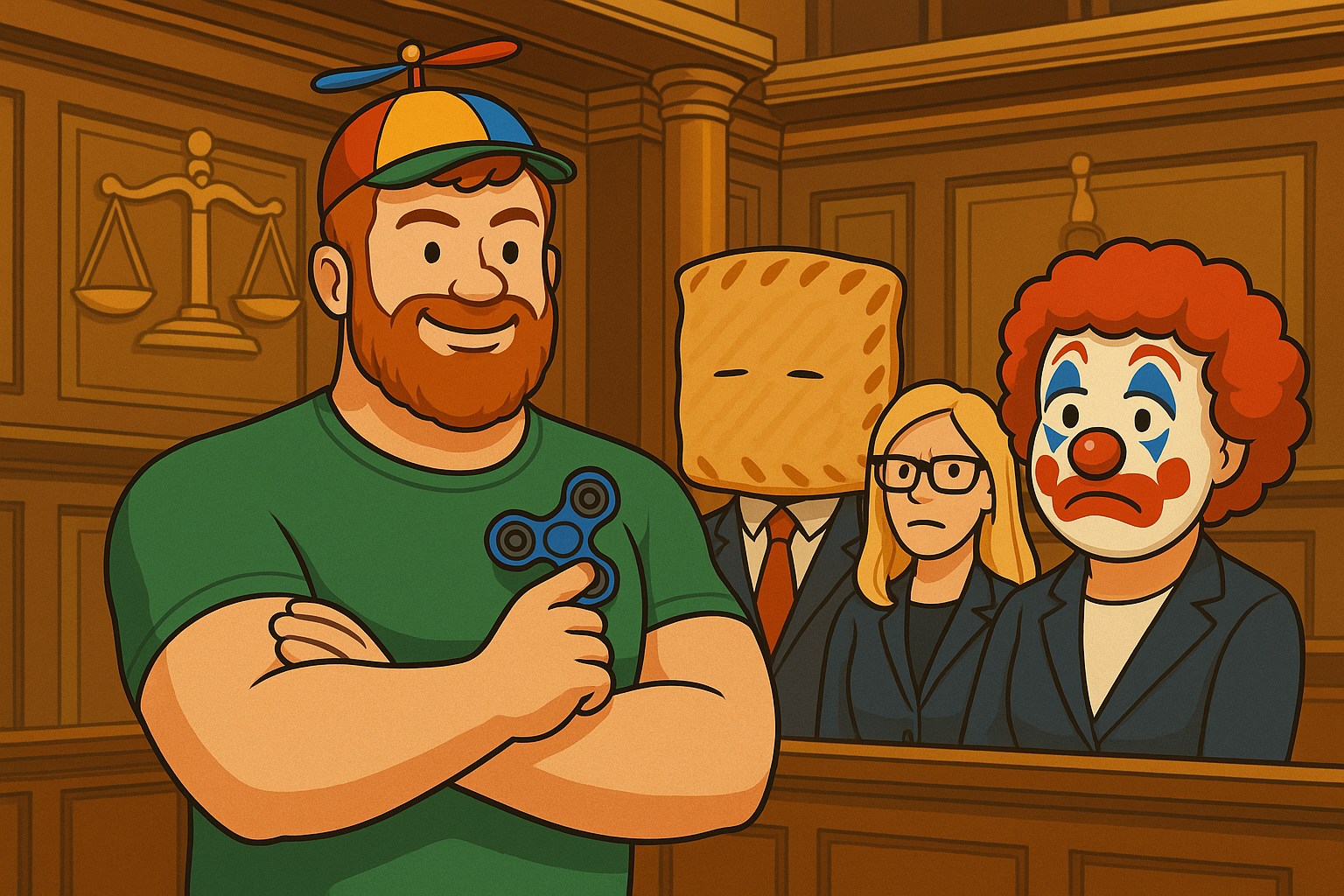 Cartoon courtroom scene with a confident, ginger-bearded man in a propeller beanie holding a fidget spinner, standing in front of a stern woman, a Greggs steak bake in a suit, and a clown in a suit, all set in a dramatic legal setting.