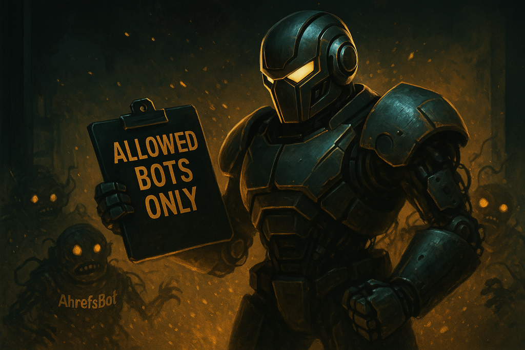 A high-tech robot gatekeeper stands at a digital entrance holding a clipboard labeled “Allowed Bots Only” while blocking scruffy SEO bots like AhrefsBot. The scene is lit with sci-fi noir tones and a golden TRA glow.