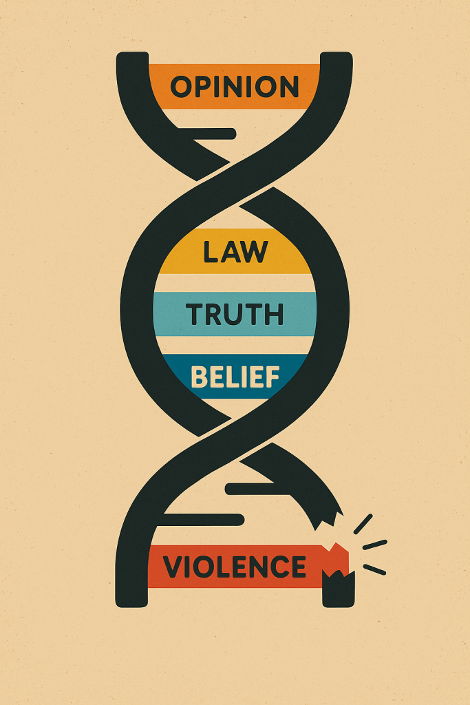 A stylised DNA strand labelled Opinion, Law, Truth, Belief, and a broken rung marked Violence, symbolising the boundary between free speech and incitement in UK law.