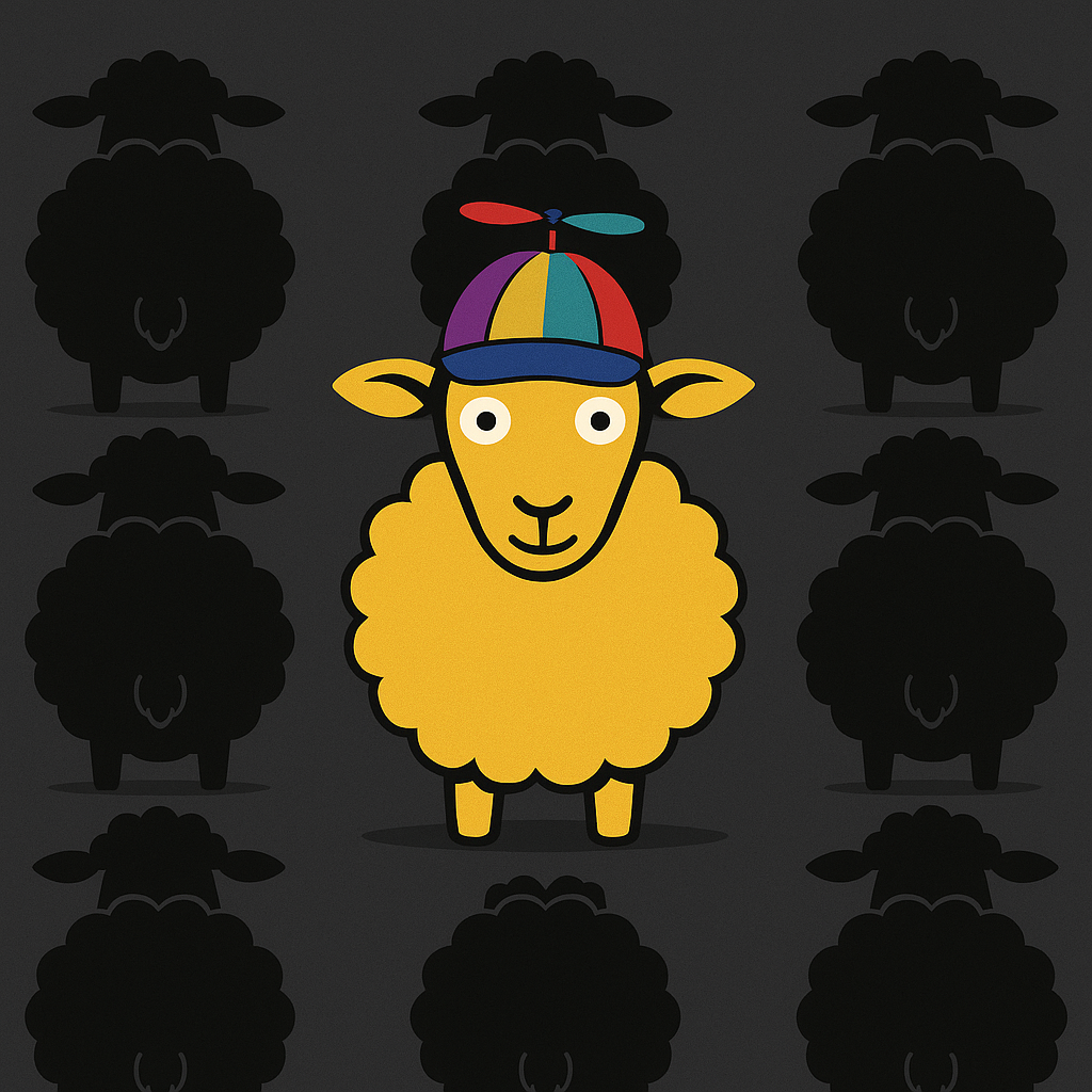 A single gold sheep wearing a rainbow propeller hat faces forward among a group of identical black sheep, all turned away. Symbolises nonconformity and standing out from the crowd.