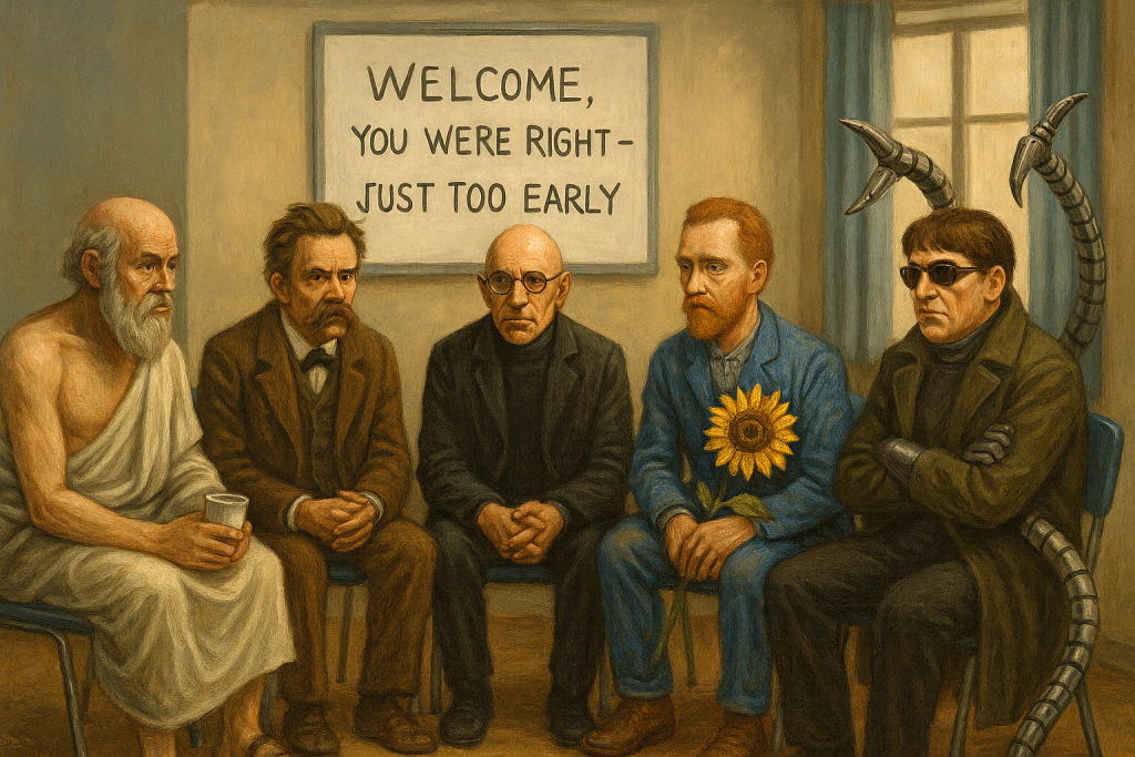 Socrates, Nietzsche, Foucault, Van Gogh, and Spider-Man’s Doctor Octopus sitting in a group therapy circle under a sign that reads Welcome, you were right – just too early.