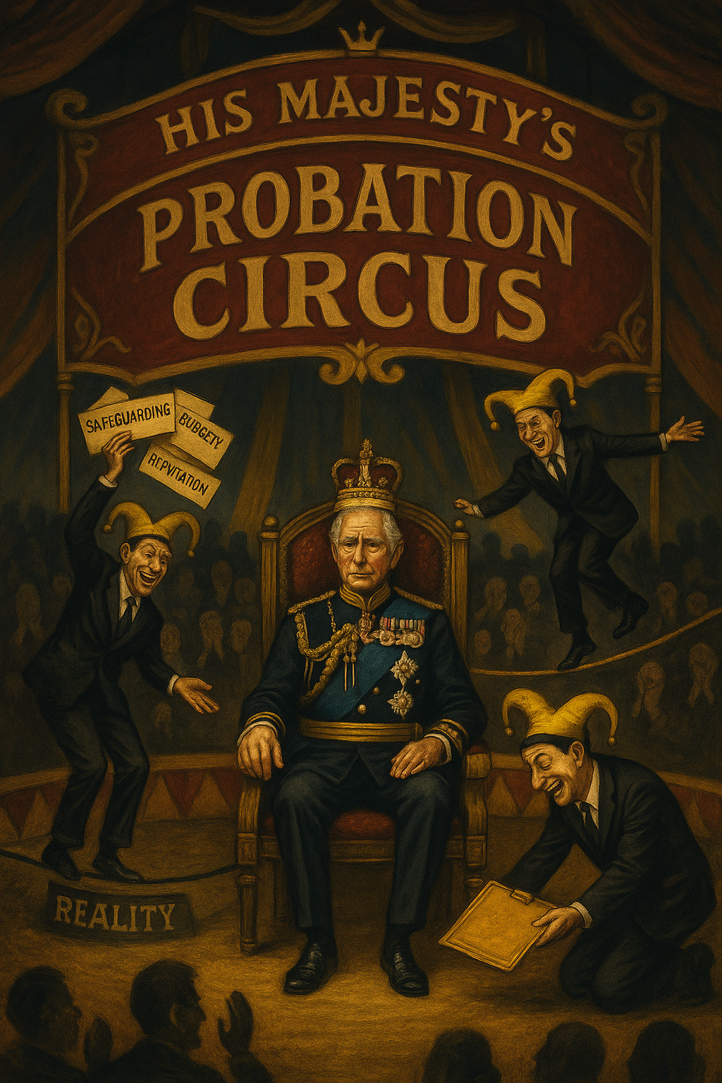 King Charles III sits unimpressed on his throne at a circus, surrounded by probation executives dressed as jesters juggling files and performing stunts, under a banner reading “His Majesty’s Probation Circus.”