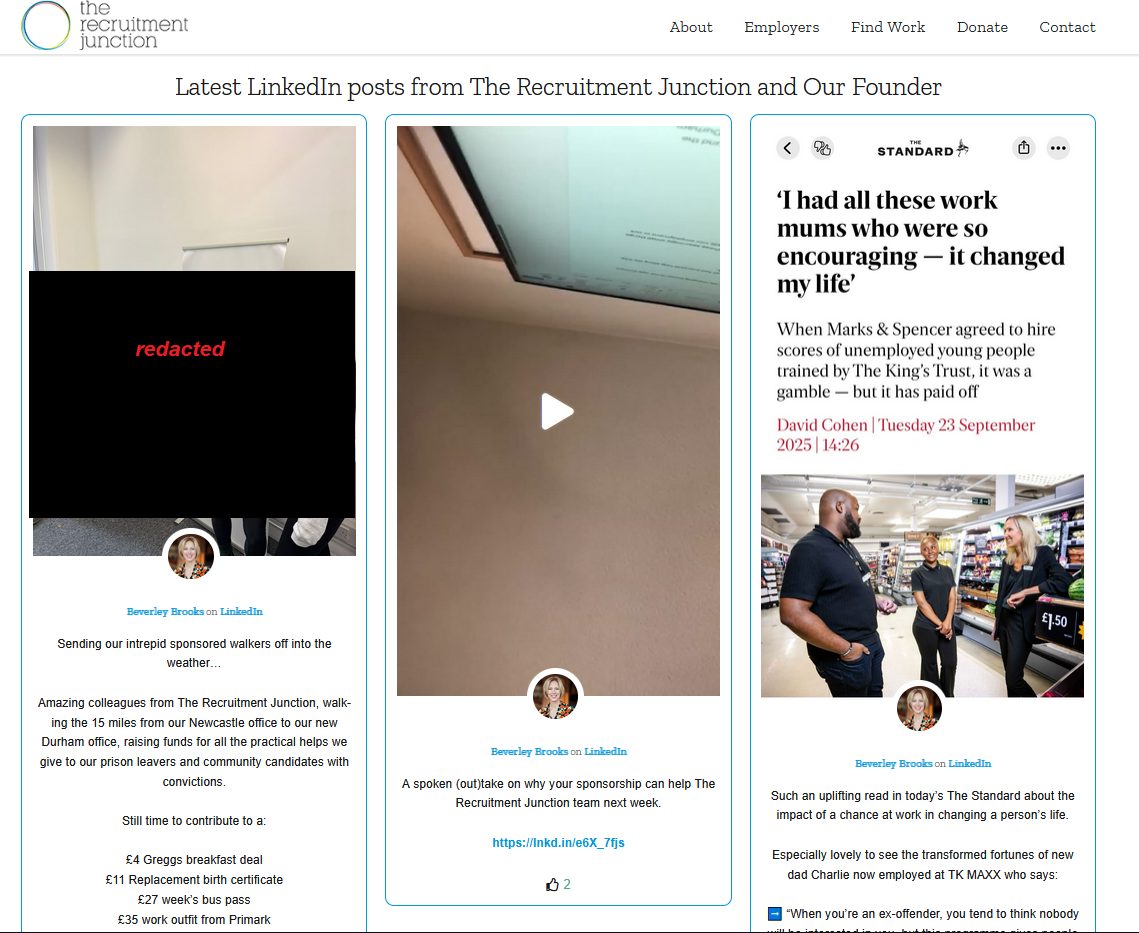The Recruitment Junction homepage dominated by founder LinkedIn feeds