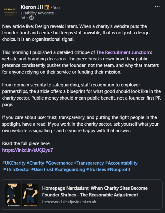 Kieron JH LinkedIn post announcing Homepage Narcissism critique